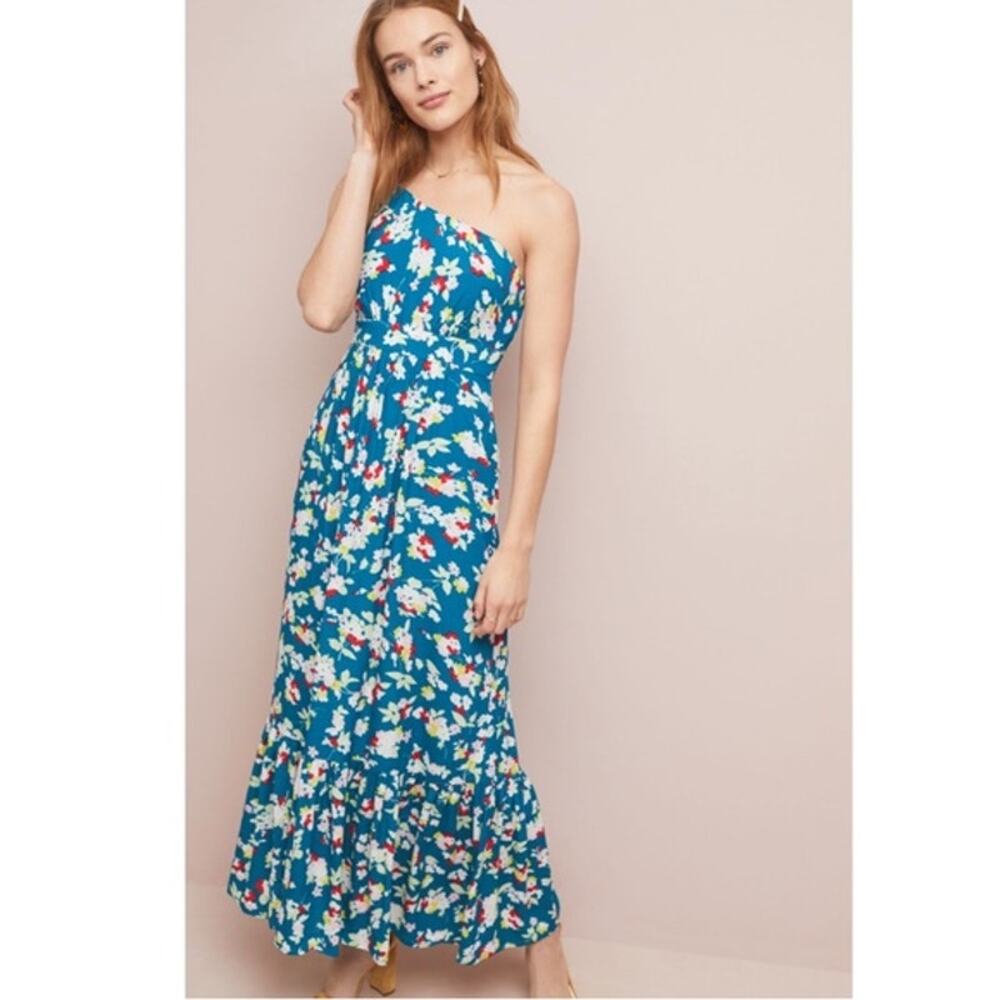 Anthropologie Bouquet One-Shoulder Maxi Dress blue floral 0
